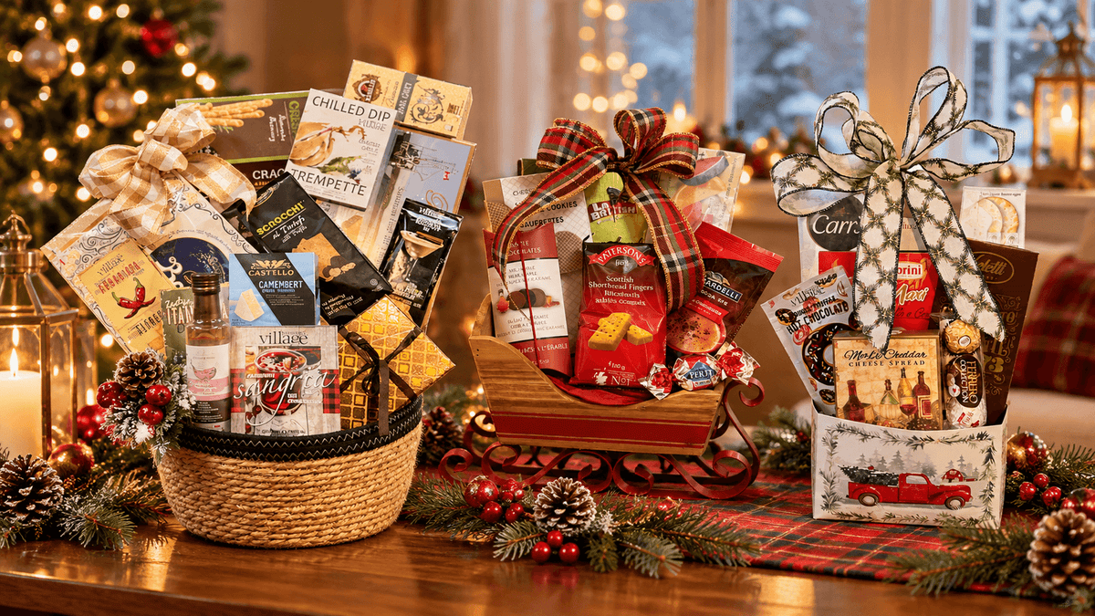 Christmas gift baskets with gourmet treats, chocolates and festive holiday gifts