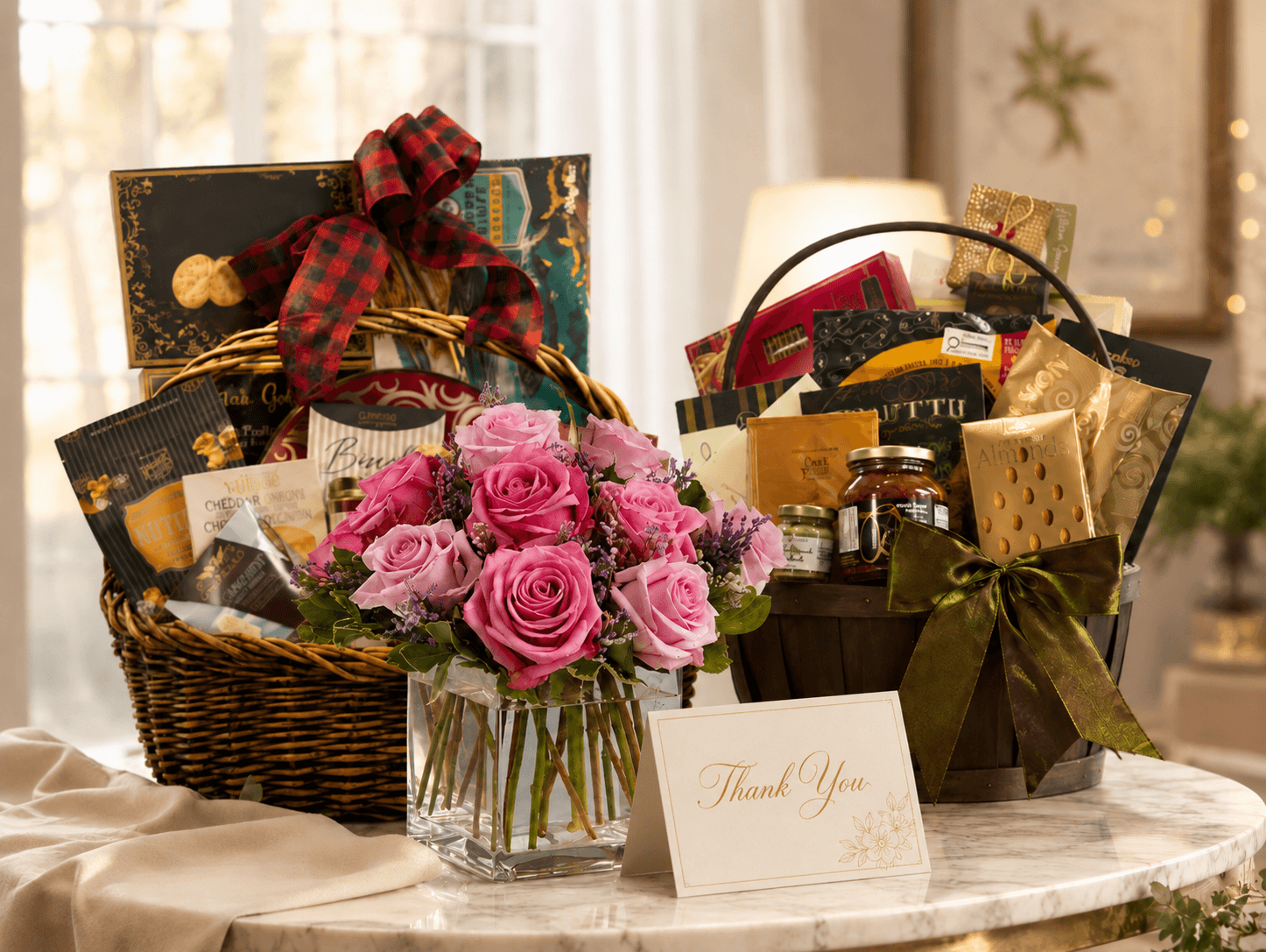 Cozy holiday gift arrangement and flowers