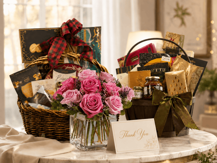 Cozy holiday gift arrangement and flowers