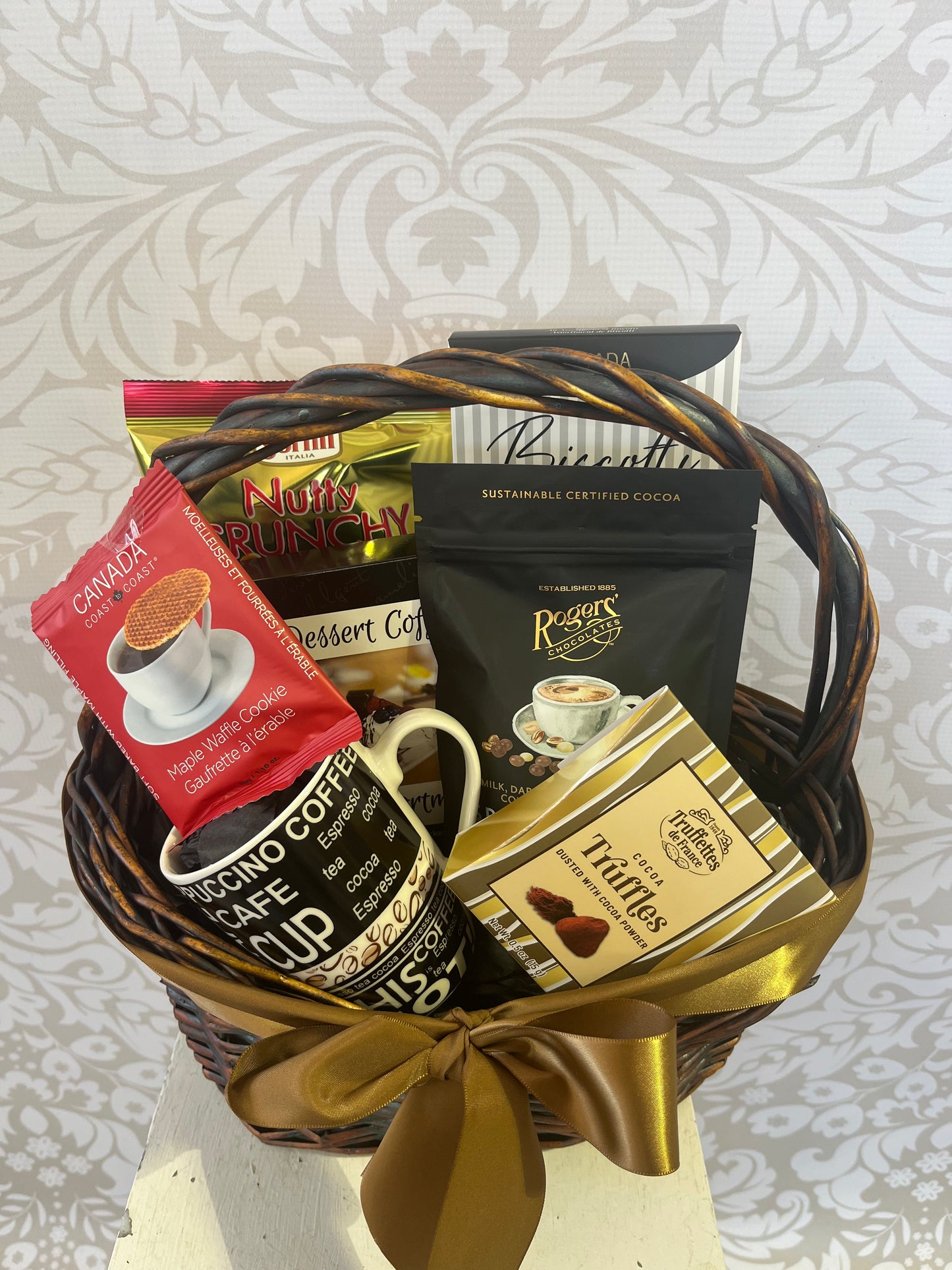 Coffee Gourmet Basket with premium coffee, truffles, waffle cookie and sweet treats