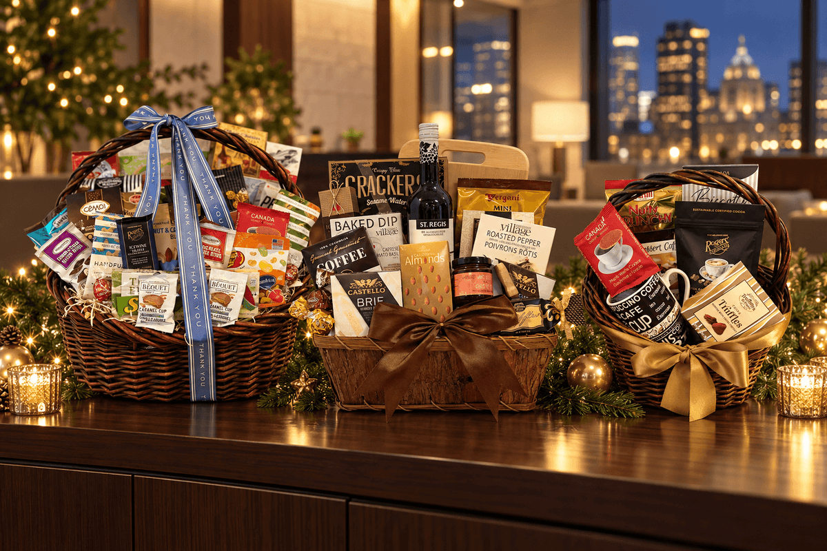 Three gourmet gift baskets filled with snacks, coffee, and treats are arranged on a wooden counter in a cozy room with warm lights and a city skyline at night in the background.