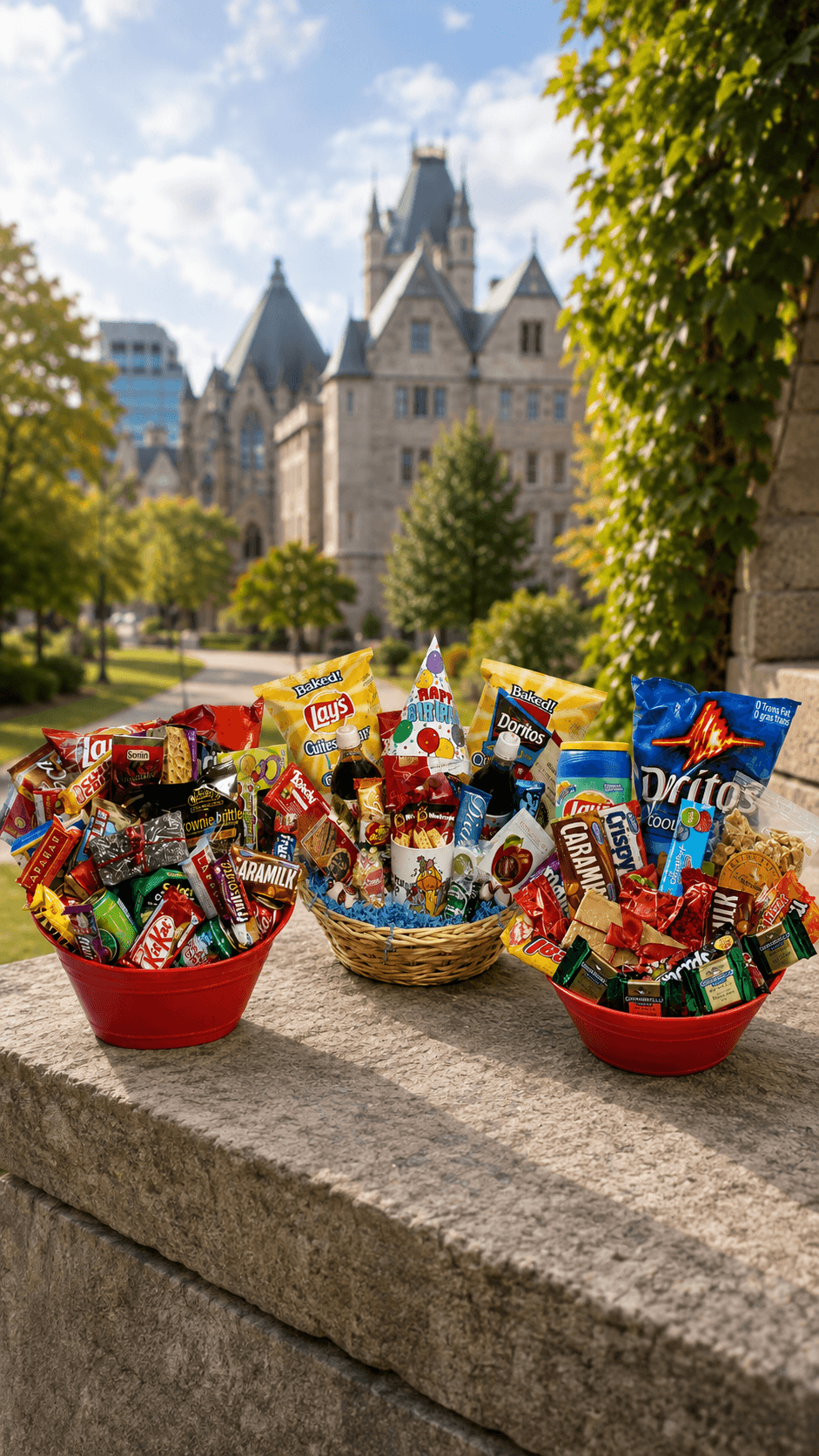 Three red and woven baskets filled with assorted candy and snack packages, placed on a stone ledge outdoors with a large historic stone building and green trees in the background.