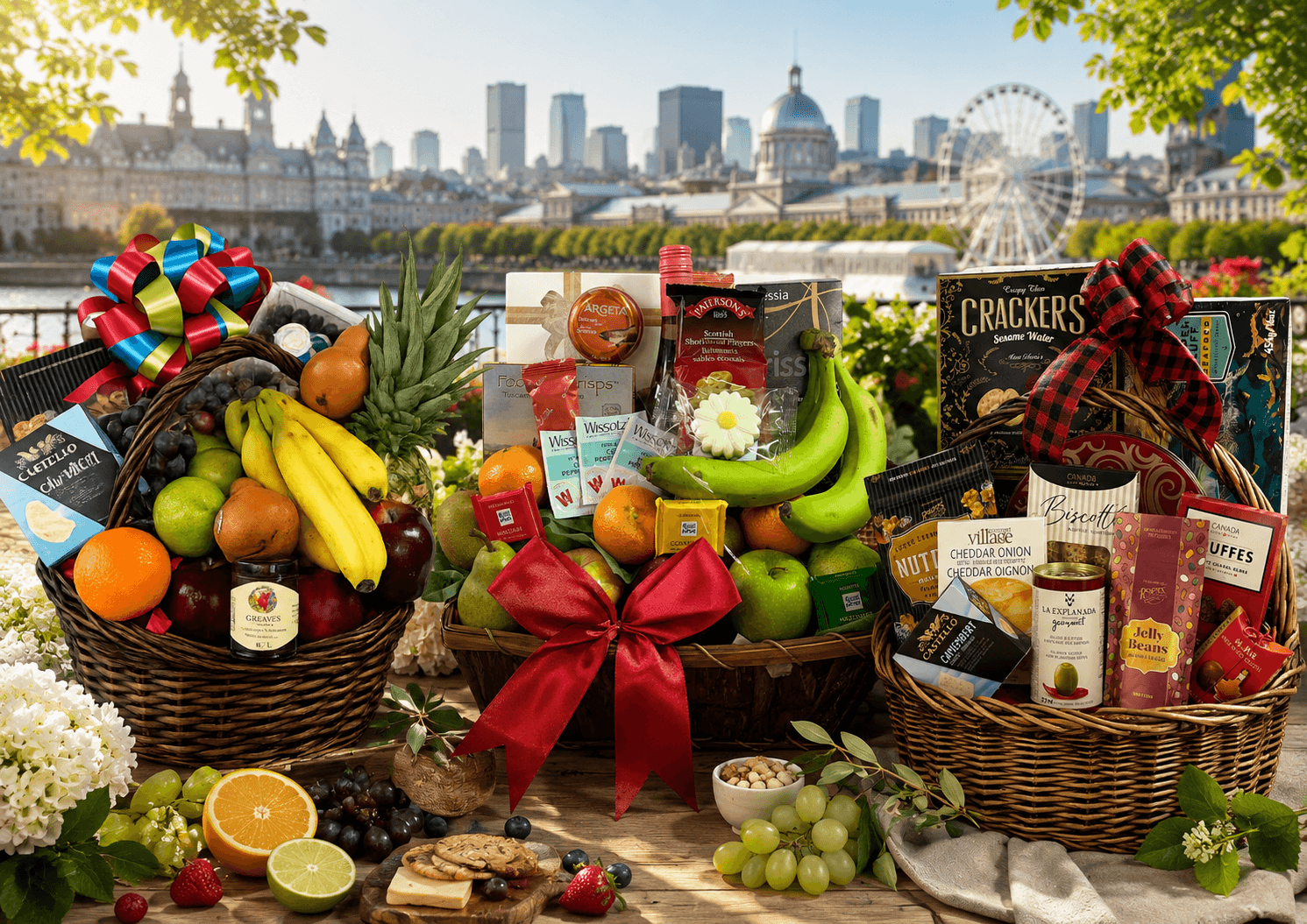 Gourmet gift basket with fruits, snacks, and crackers against a cityscape background