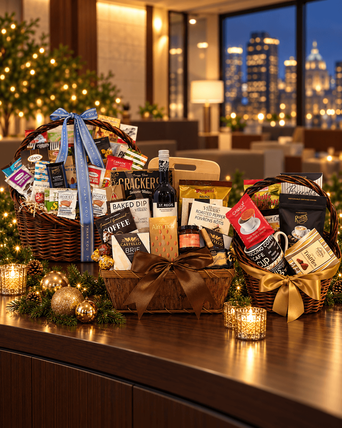 Three gourmet gift baskets filled with snacks, coffee, crackers, and treats, arranged on a wooden counter with holiday lights and greenery in a warmly lit modern interior.