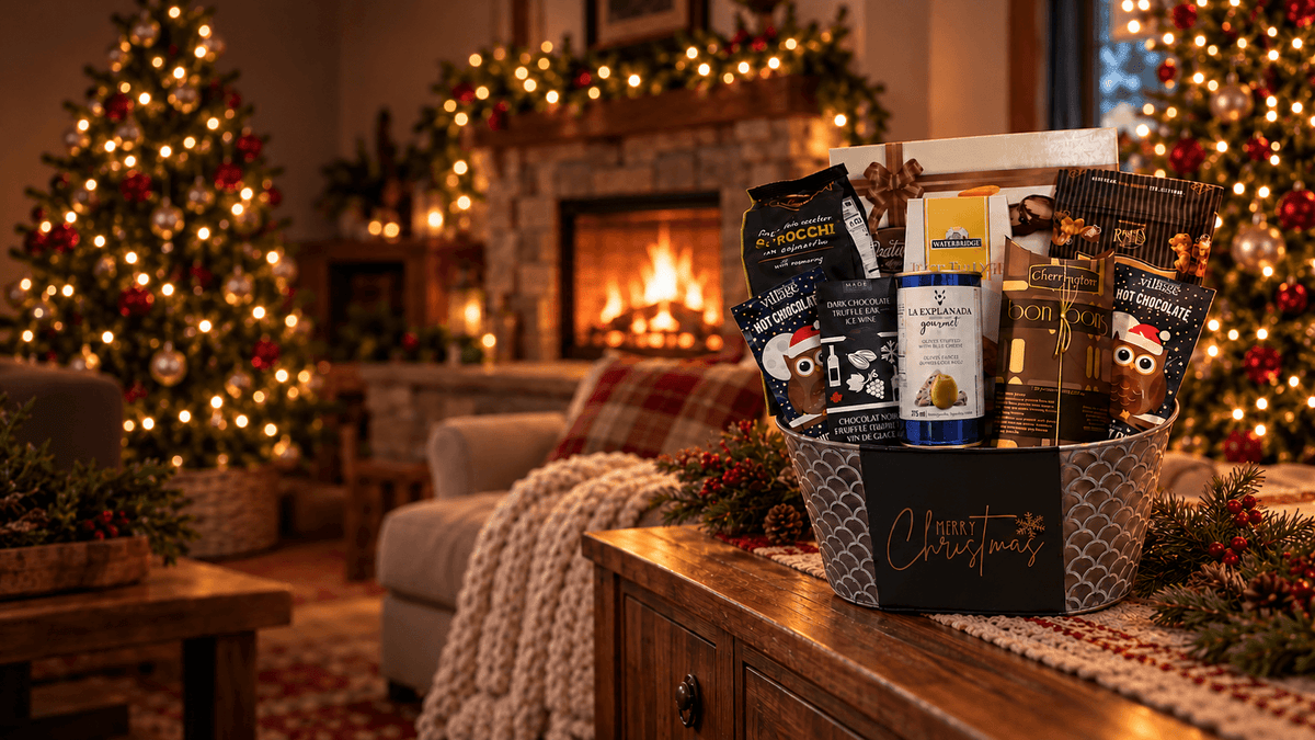 Christmas gift basket displayed on a wooden sideboard in a cozy living room with a glowing fireplace and decorated Christmas trees.