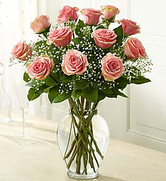 12 Pink Premium Roses in Vase at Carolyn's Gift Creations