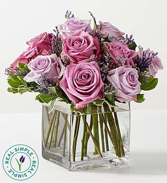 12 Purple Premium Roses in Cube Vase at Carolyn's Gift Creations