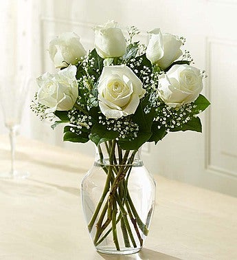 6 White Premium roses in vase at Carolyn's Gift Creations